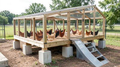 Chicken coop raised on concrete pier blocks and pressure-treated skids with an open gap beneath