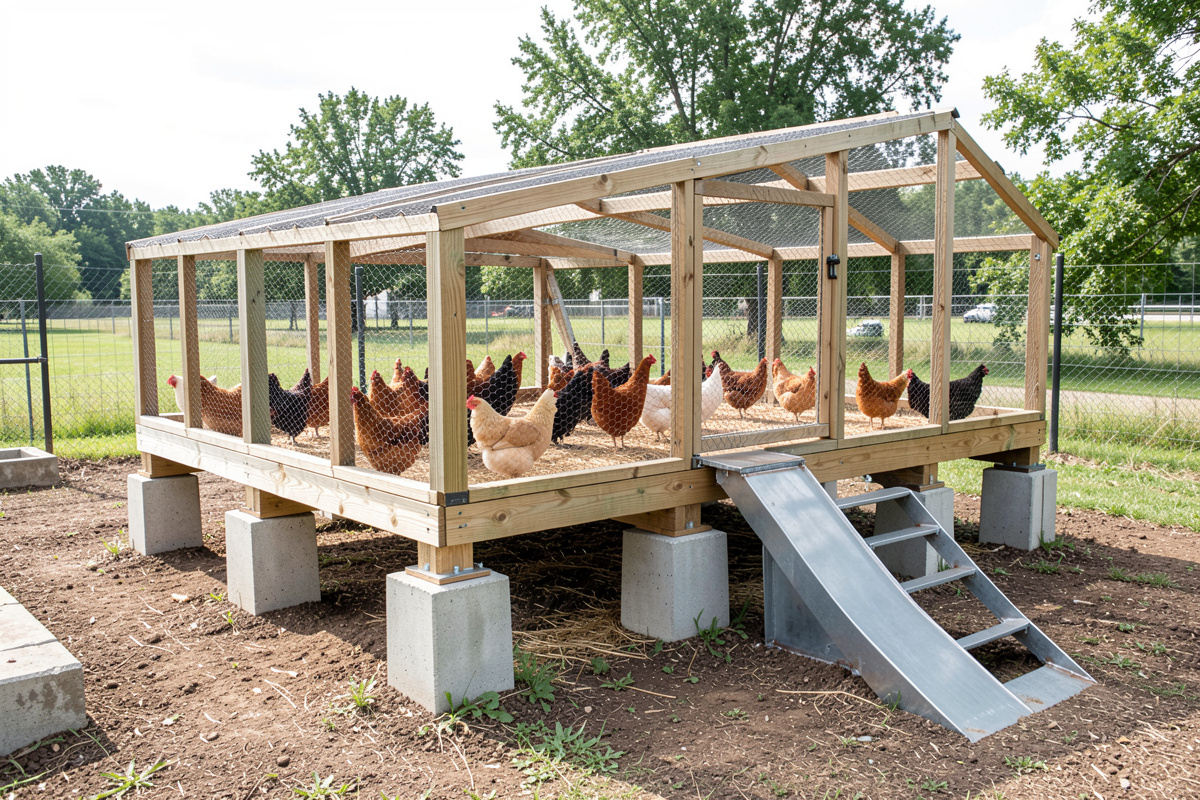 Chicken coop raised about a foot off the ground on concrete pier blocks and pressure-treated skids with an open gap beneath
