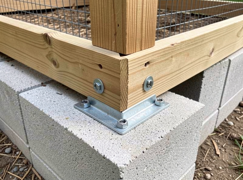 Coop corner sitting on a concrete deck block with a pressure-treated skid beam and a metal post base keeping wood off the concrete