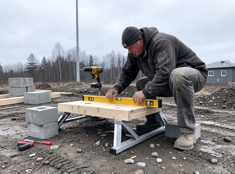 A keeper using a level on a skid-mounted coop base during a build with a drill and blocks nearby