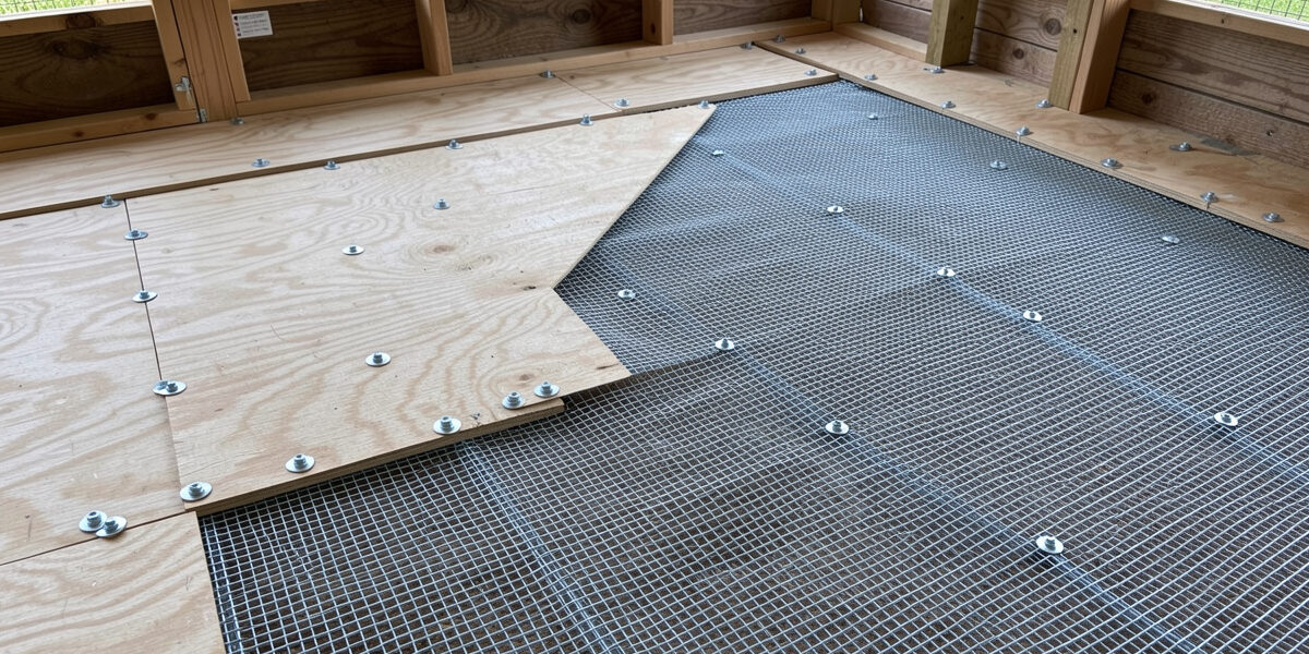 Coop floor being lined with half-inch hardware cloth with overlapping seams screwed down