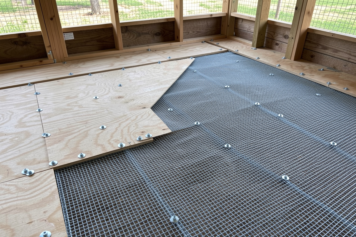 Coop floor being lined with half-inch galvanized hardware cloth before the plywood goes down, overlapping seams screwed with fender washers