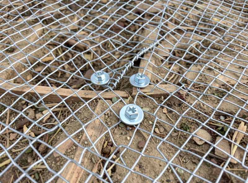 Two overlapping sections of half-inch 19-gauge hardware cloth screwed down with fender washers at a coop floor seam
