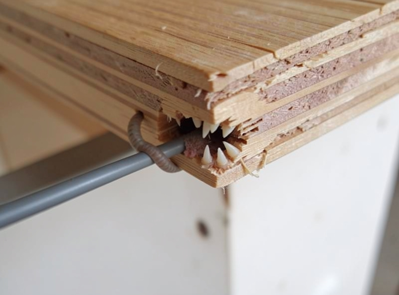Gnaw-marked corner of plywood where a rat tried and failed to chew through to the wire underneath