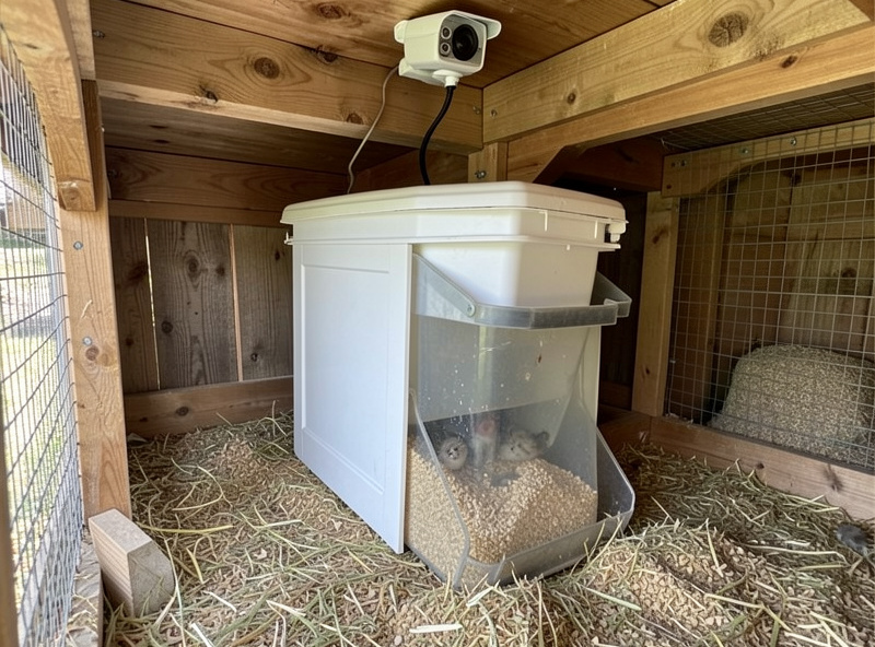 A treadle feeder in a coop with the lid closed to keep grain sealed from rodents, with a night-vision camera mounted above