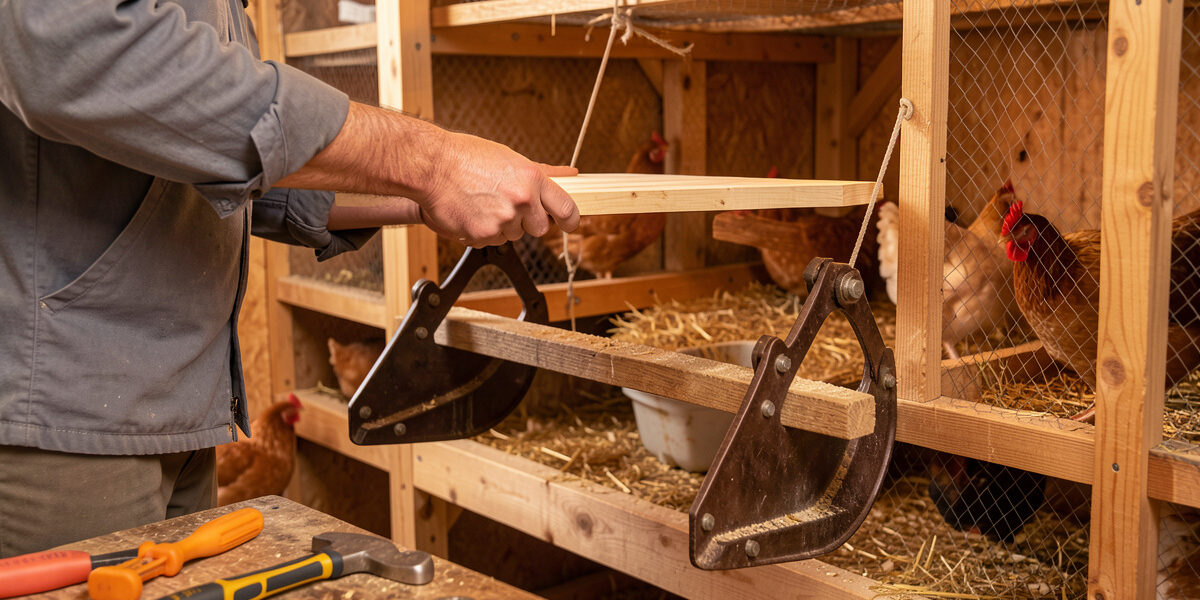 Keeper lifting a removable flat 2x4 roost bar out of open saddle brackets inside a coop