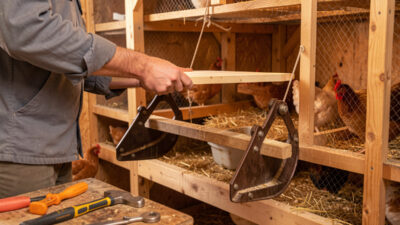 Keeper lifting a removable flat 2x4 roost bar out of open saddle brackets inside a coop
