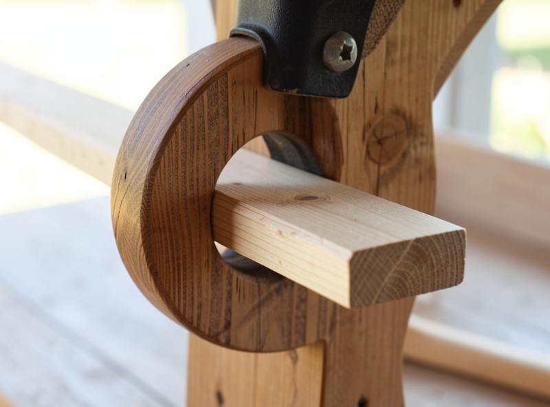 Close-up of a shop-made U-shaped wooden saddle bracket holding a flat 2x4 roost bar that drops into the open notch