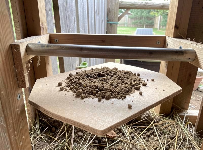 A removable poop board sliding out from under a roost bar with droppings collected on it