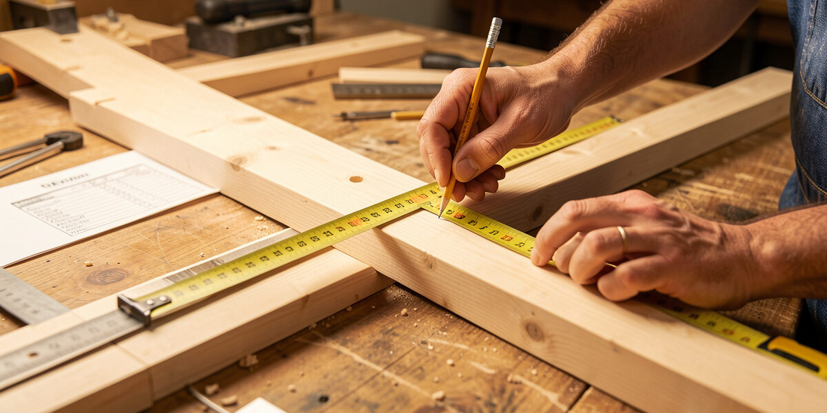 Keeper measuring and marking a flat 2x4 roost bar with a tape measure on a workbench