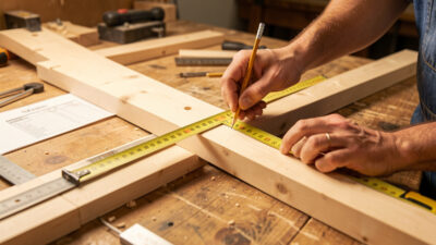 Keeper measuring and marking a flat 2x4 roost bar with a tape measure on a workbench