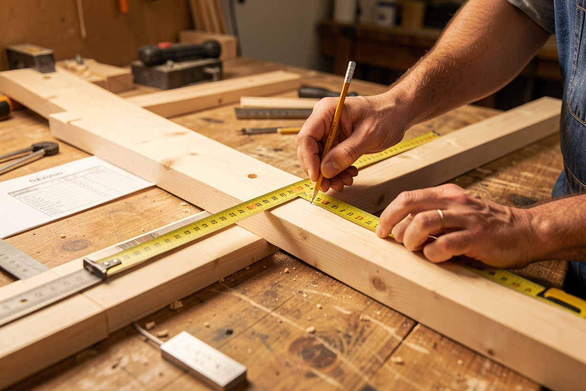 Keeper's hands marking a pencil measurement with a tape measure on a flat 2x4 roost bar on a workbench