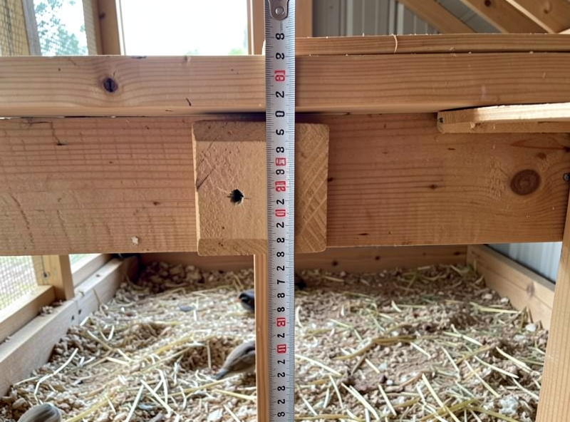 Tape measure held vertically against a mounted roost bar showing height above the coop floor litter