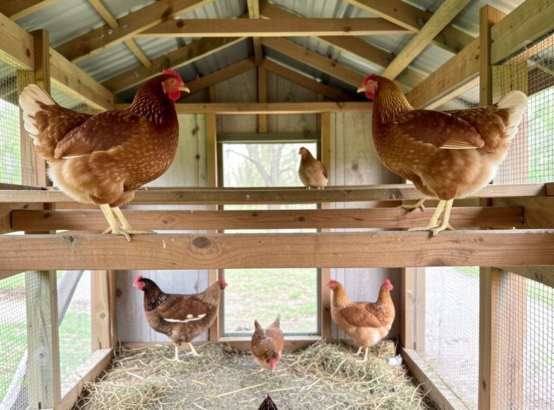 Two parallel wooden roost bars spaced apart inside a coop with cold-hardy hens perched