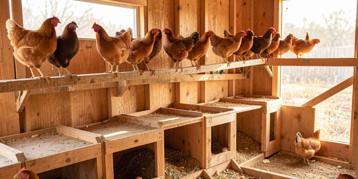 Coop interior with a high roost bar mounted above lower nesting boxes and eggs in the boxes below