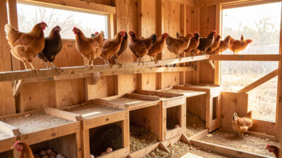 Coop interior with a high roost bar mounted above lower nesting boxes and eggs in the boxes below