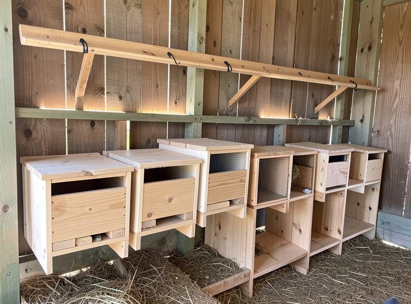 A row of low wooden nesting boxes on a coop wall with a roost bar positioned clearly higher above them