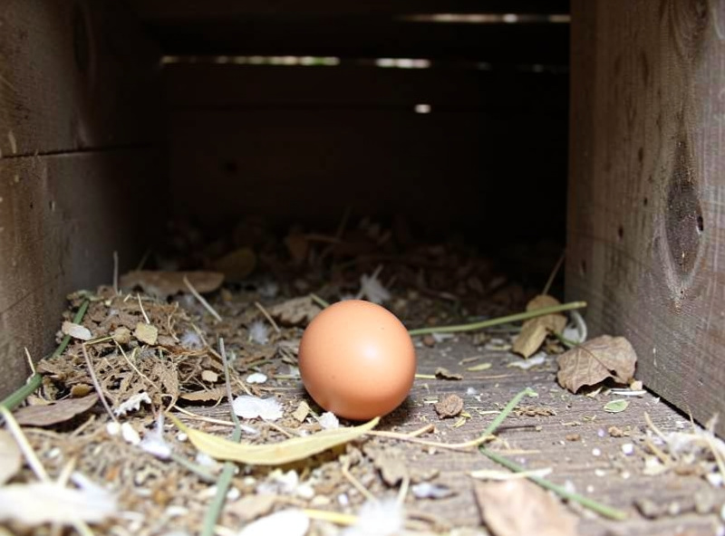 A single brown egg lying on the coop floor litter instead of in a nest box