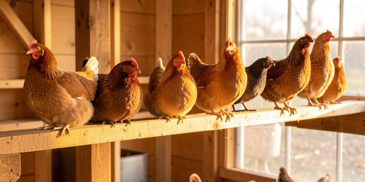 Cold-hardy hens of different sizes perched along one long flat roost bar showing per-bird space