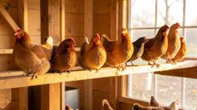 Cold-hardy hens of different sizes perched along one long flat roost bar showing per-bird space