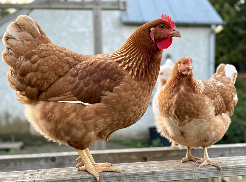 Close-up of a large heavy breed hen taking up a wide stretch of roost bar beside a noticeably smaller hen