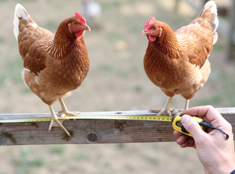 A keeper's hand holding a tape measure laid flat along a roost bar between two perched hens