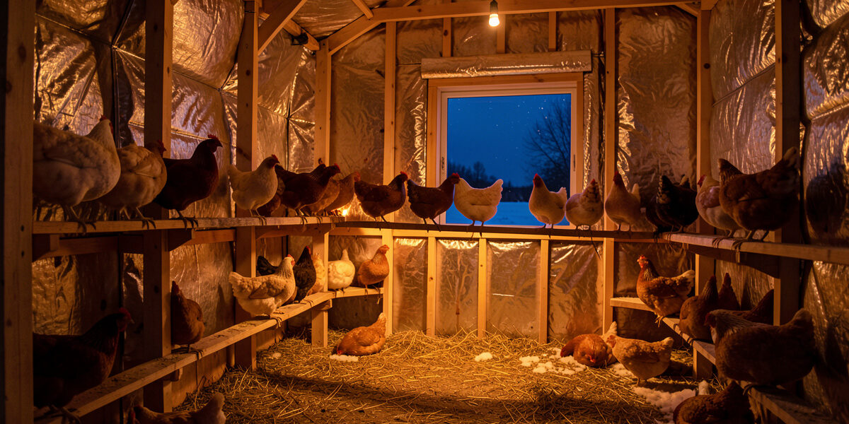 Warm-lit interior of an insulated chicken coop before dawn in winter with hens on the roost