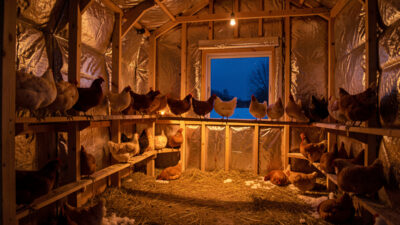 Warm-lit interior of an insulated chicken coop before dawn in winter with hens on the roost