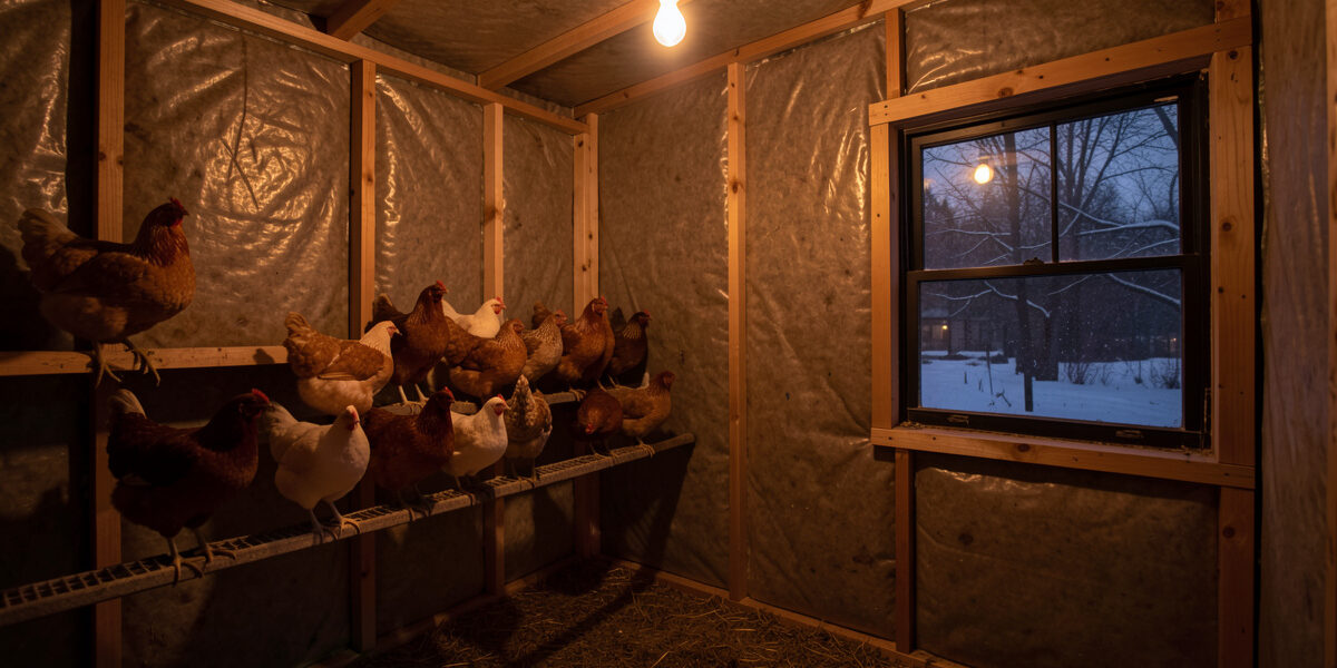 Calm chicken coop interior lit by a single warm light before dawn with hens on a high roost
