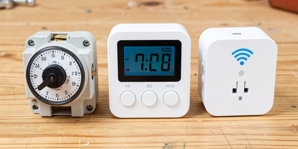 A mechanical dial timer, a digital LCD timer, and a Wi-Fi smart plug arranged side by side for comparison
