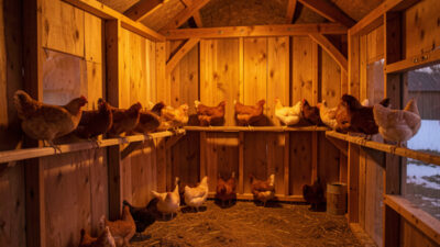 Wooden chicken coop interior bathed in soft warm amber LED light with hens settling on the roost