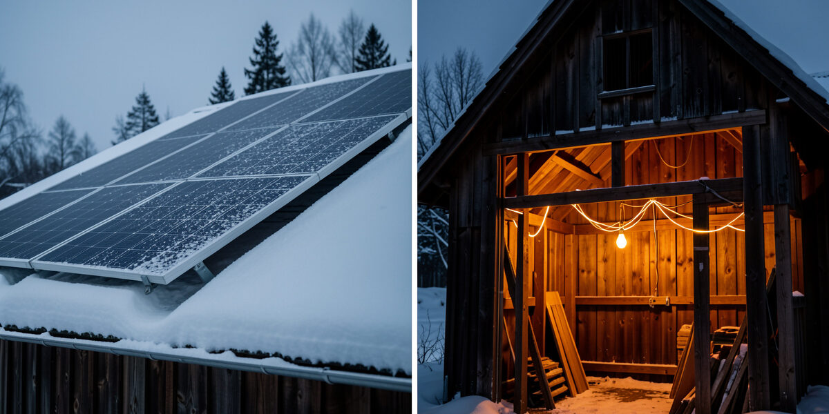 A snow-covered solar panel on a coop roof contrasted with a warm wired light glowing inside in winter