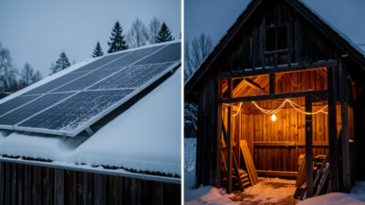 A snow-covered solar panel on a coop roof contrasted with a warm wired light glowing inside in winter