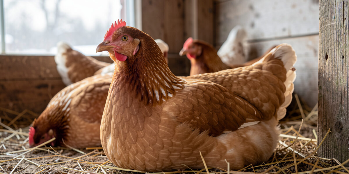 A calm healthy hen resting in a quiet coop in soft natural winter daylight