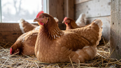A calm healthy hen resting in a quiet coop in soft natural winter daylight
