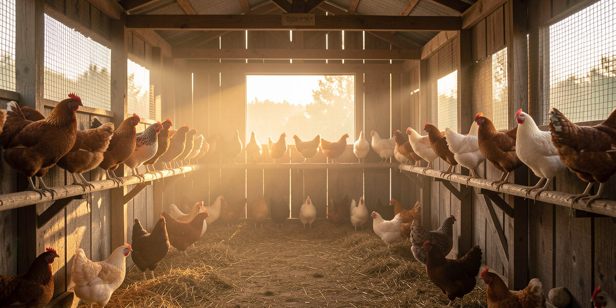 A coop interior at simulated dawn with warm light softly ramping up over hens waking on the roost