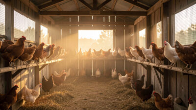 A coop interior at simulated dawn with warm light softly ramping up over hens waking on the roost