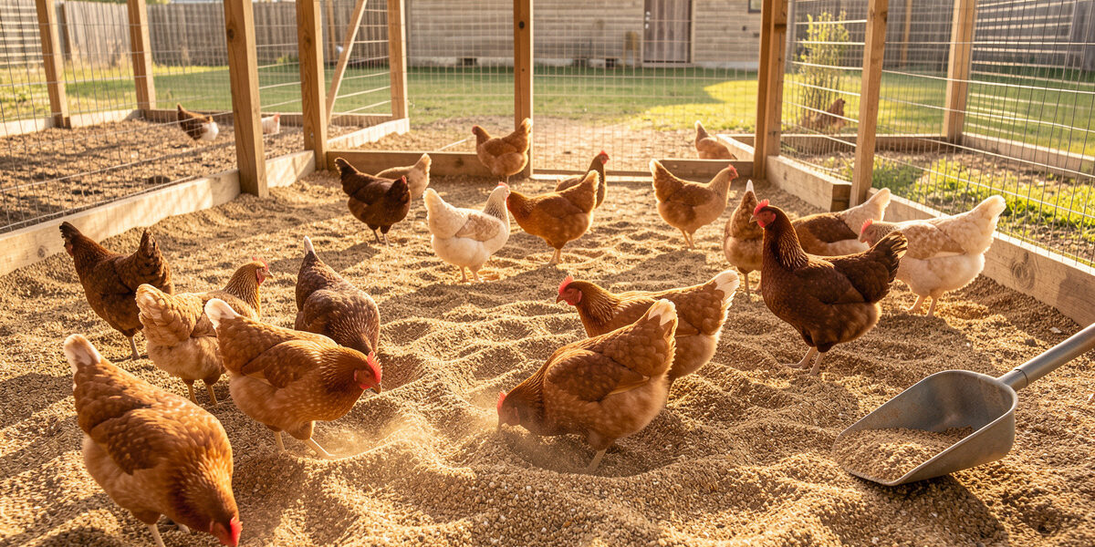 Chicken run with a coarse-sand floor and hens dust-bathing in it