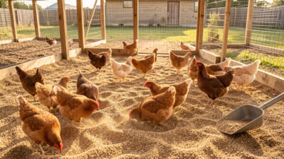 Chicken run with a coarse-sand floor and hens dust-bathing in it