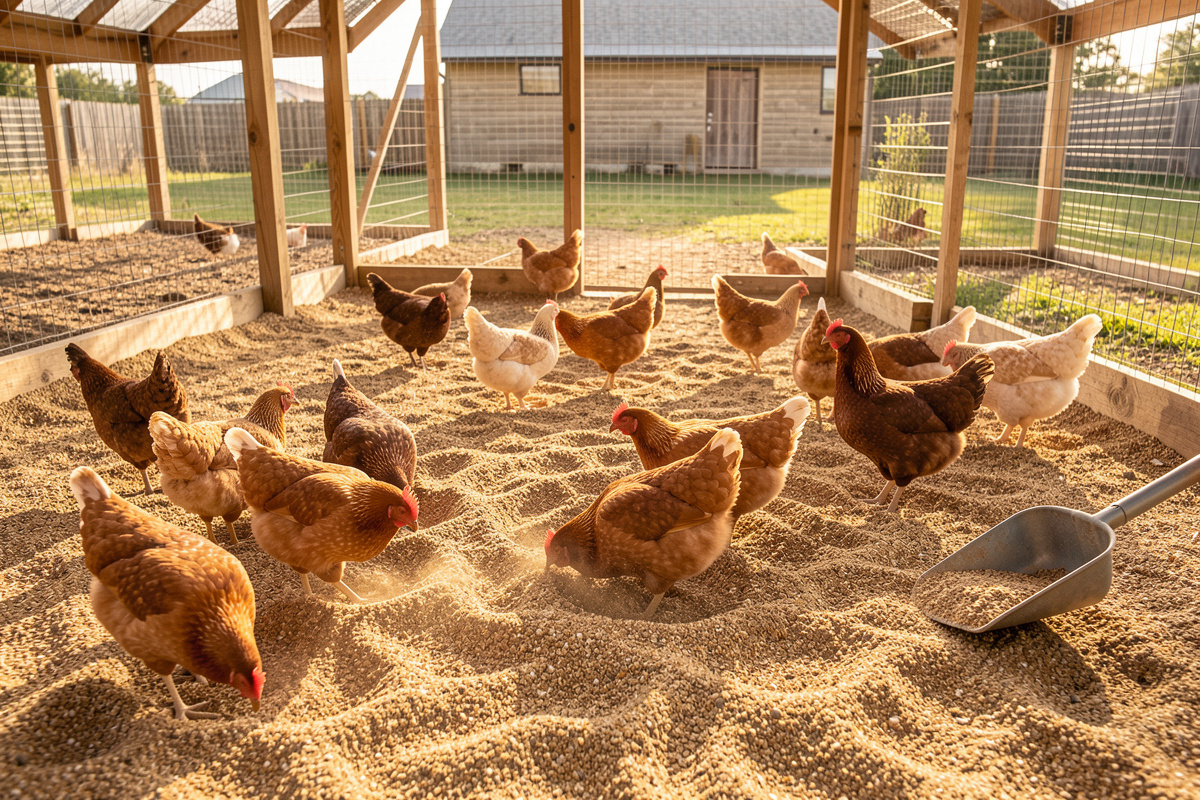 Chicken run with a deep coarse construction-sand floor and hens dust-bathing, a sifting scoop resting on the edge