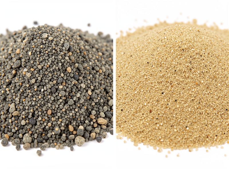 Close-up comparison of coarse construction sand versus fine play sand showing the grain size difference