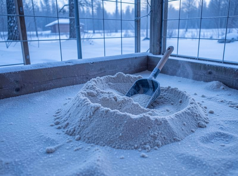 A frozen solid sand coop floor in winter with frost on the surface and a scoop unable to sift it