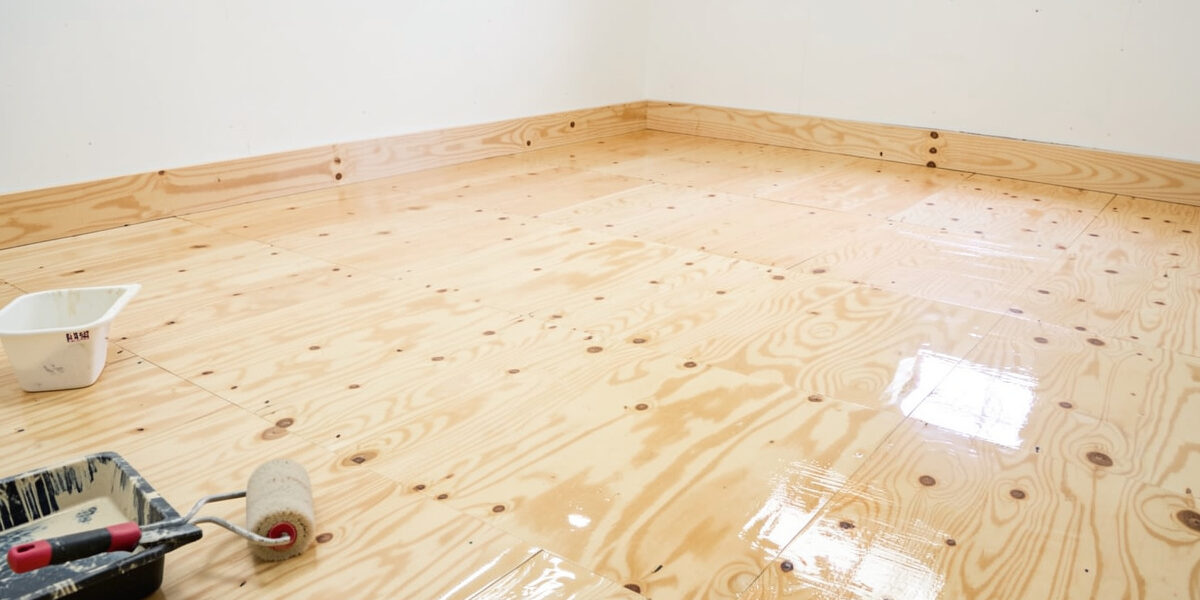 Freshly sealed glossy plywood chicken coop floor drying with roller and paint tray