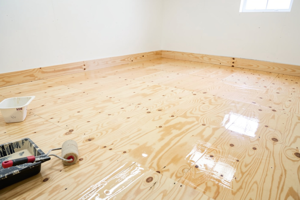 Freshly sealed glossy plywood chicken coop floor drying with a roller and paint tray, coved edges up the walls