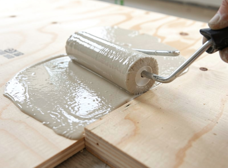 Paint roller applying floor sealer to plywood, a wet glossy coat meeting dry bare wood