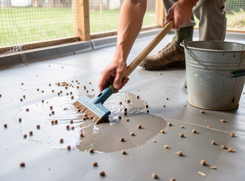 Keeper squeegeeing water off a sealed coop floor as droppings slide off the smooth surface