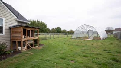 Backyard with a wooden coop near the house and a cattle-panel hoop coop at the far end of a grassy paddock in overcast daylight